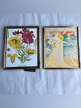 Vintage Brass Picture Photo Frames w/ Fine Art Prints-Set of 2